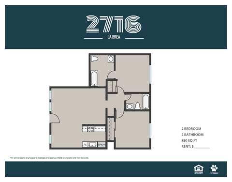 Floor plan for 2 beds, 2 baths, 880 sqft